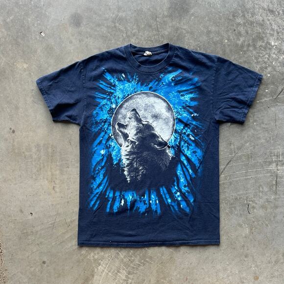 Vtg Mystic Wolf Howling Moon T-Shirt Men's M Blue Gildan Nature Art Tee Y2K - Picture 1 of 9
